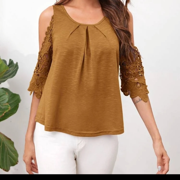 Cold Shoulder Guipure Lace Panel Solid Top Brown Large Brown - Picture 3 of 7